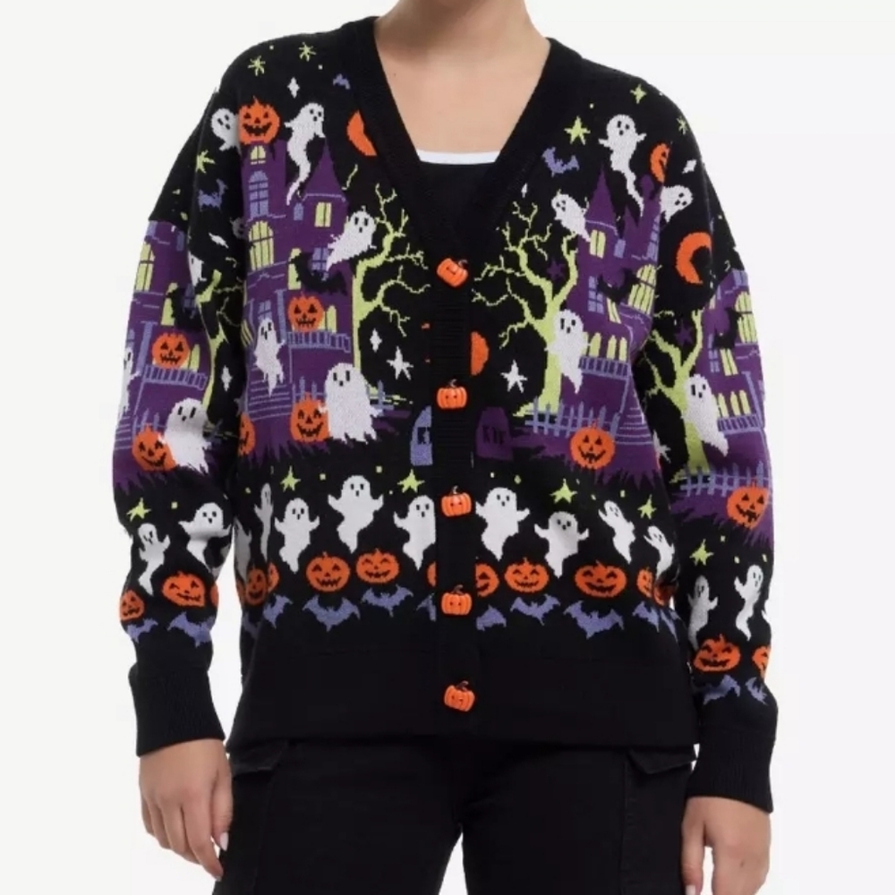 Social Collision Halloween Haunted House Cardigan V-neck Sweater NWT Hot Topic